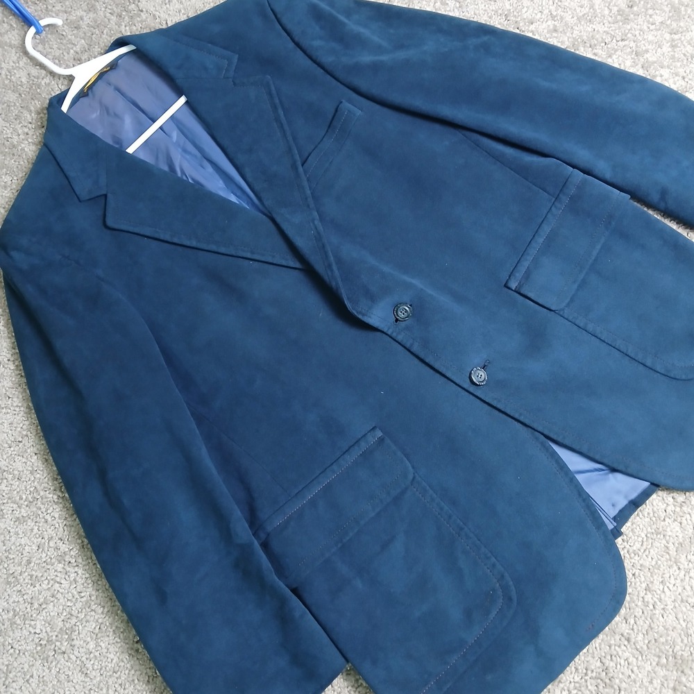 Kingsridge Mens Vintage Blue Faux Suede Blazer Jacket Two Button Patch Pockets